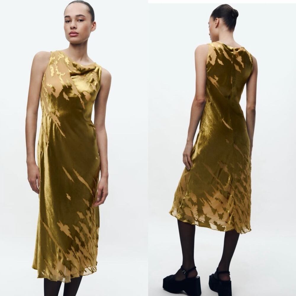 Zara‎ Velvet Mustard Velvet Midi Dress